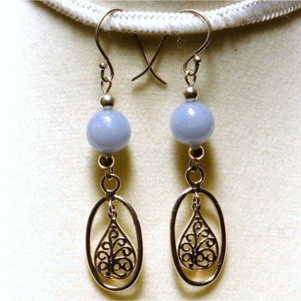 Handmade Light Blue Angelite & Filigre Tear Drop Sterling Silver Dangle Earrings